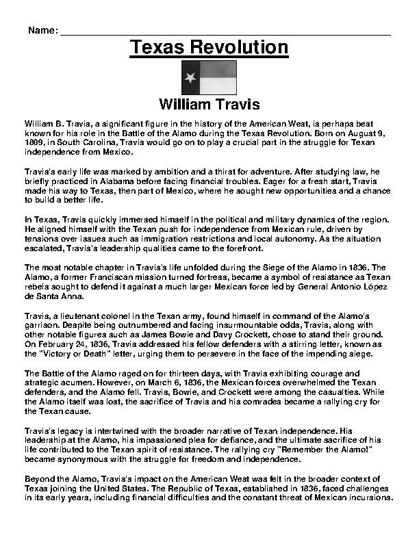 Texas Revolution- William Travis Article and Questions Assignment 
