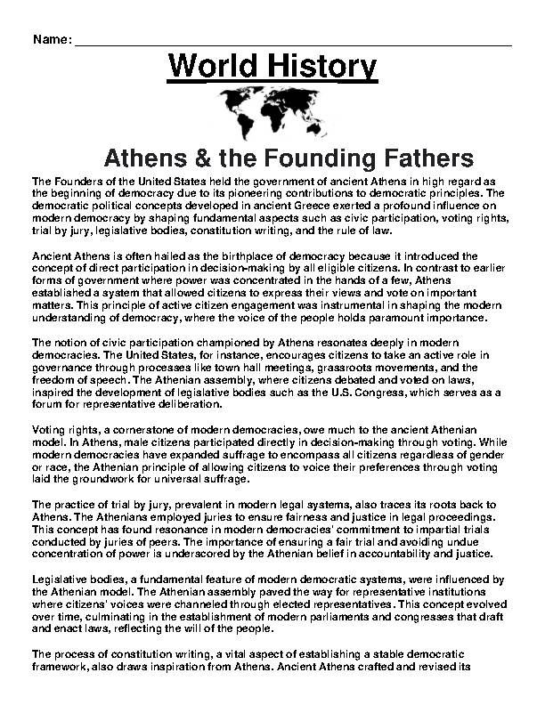 Athens Influence on Modern U.S. Democracy Article and Questions 