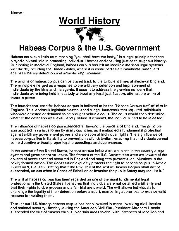 Habeas Corpus influence on U.S. Government Article and Questions 