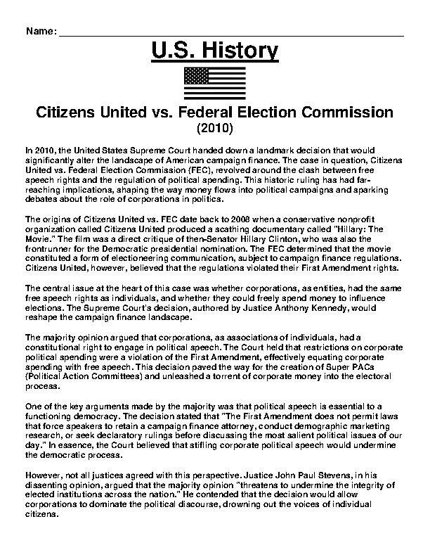 Citizens United vs. Federal Election Commission (2010) Article and 