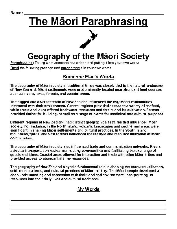 The Maori People Paraphrasing Worksheet Packet (16 Assignments) - Classful