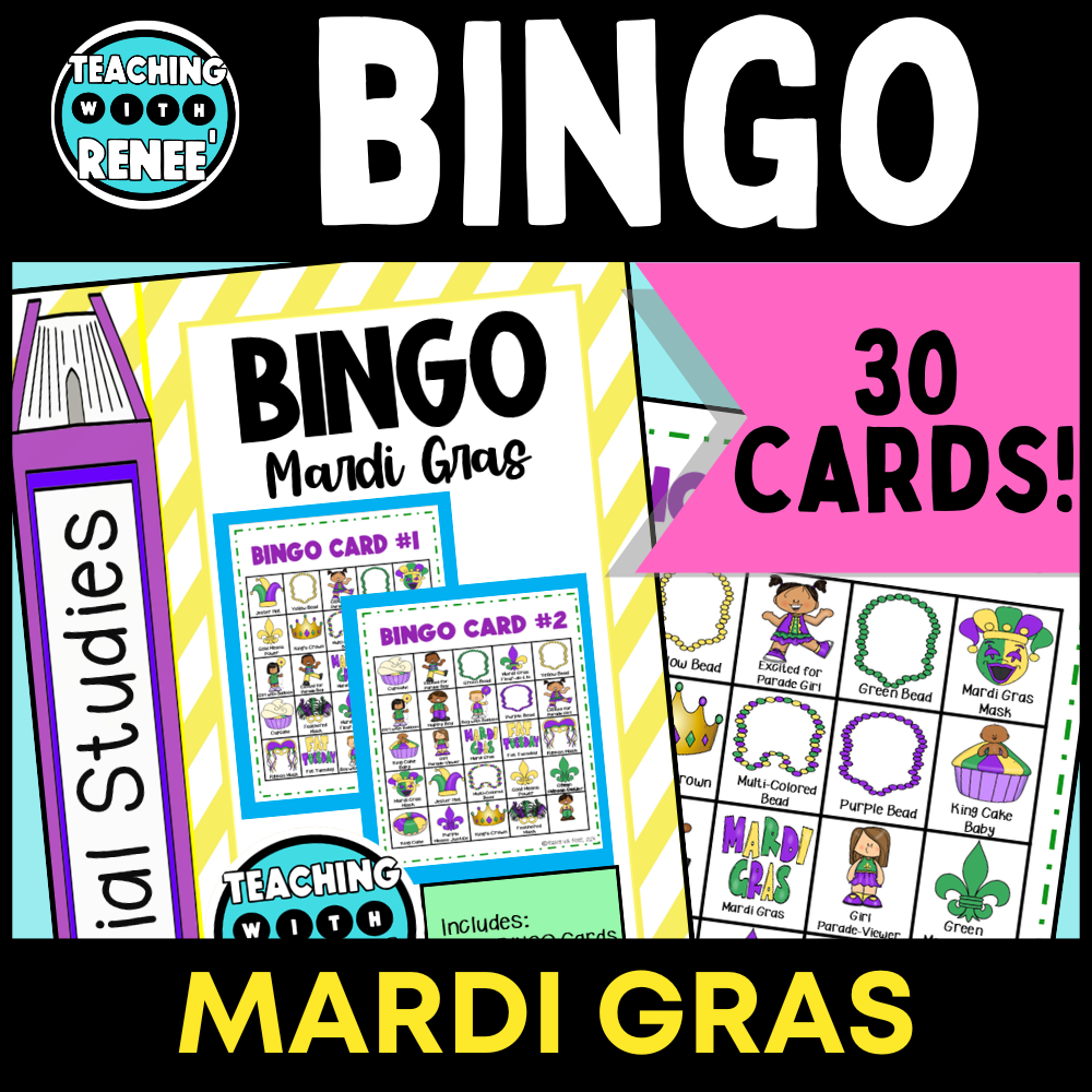 BINGO Cards Mardi Gras Carnival Activity Printable Game Louisiana Social Studies