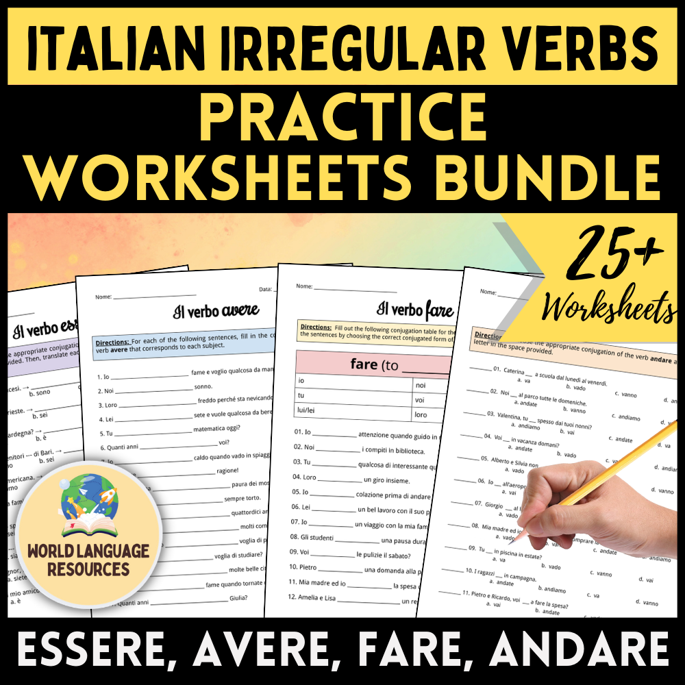 Italian 1 Irregular Verbs Practice Worksheets Bundle - ESSERE AVERE FARE ANDARE