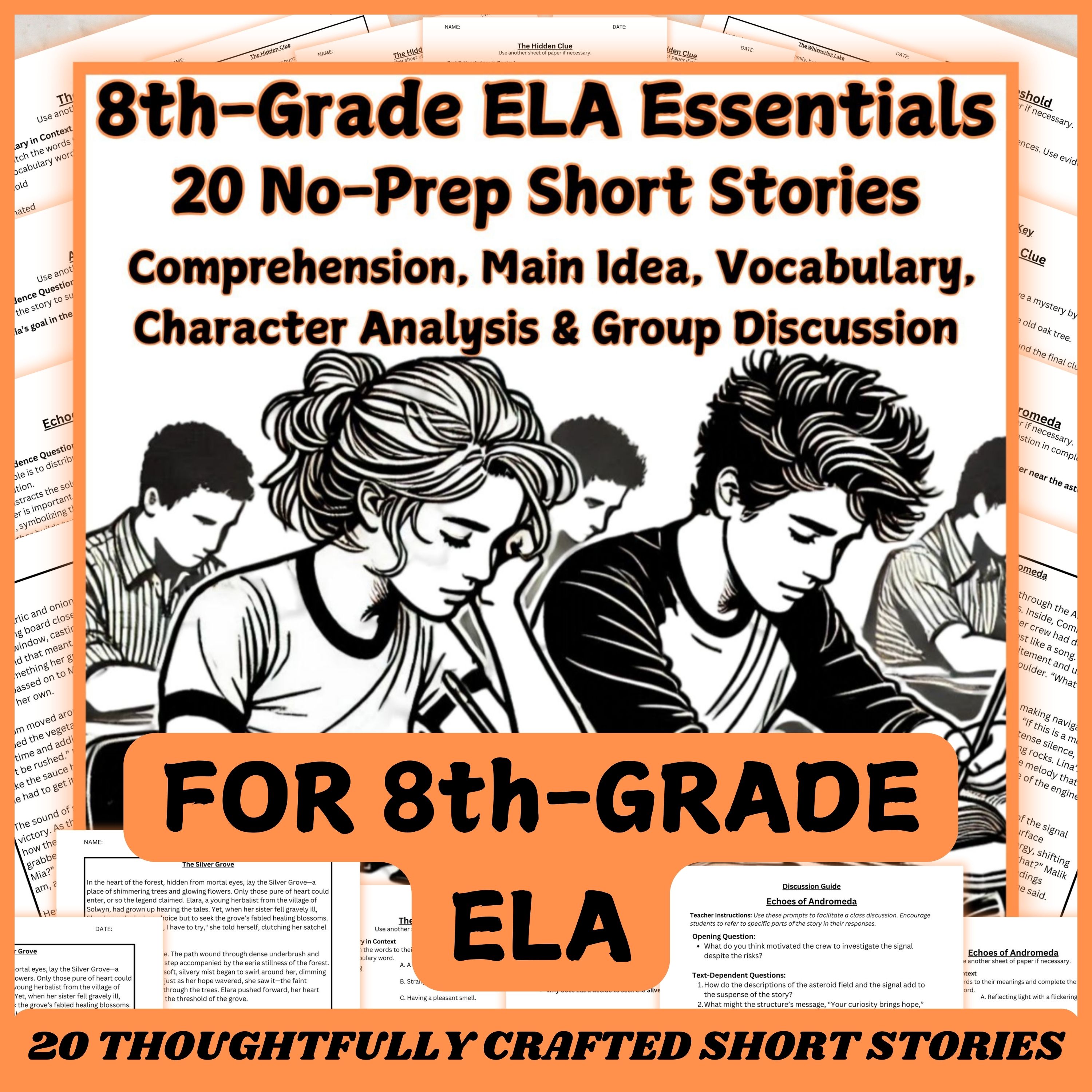 8th Grade ELA: No-Prep Close Reading & Character Analysis with 20 Stories
