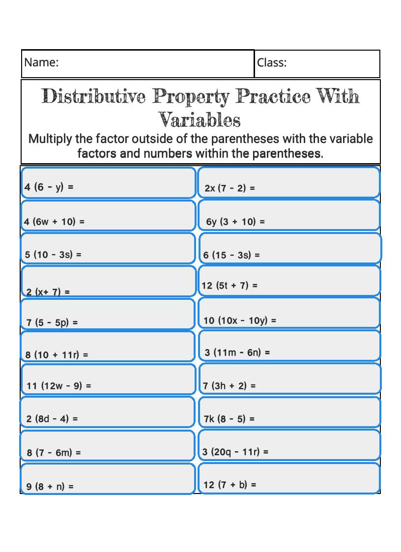 Distributive Property Practice with Variables-Worksheet - Classful