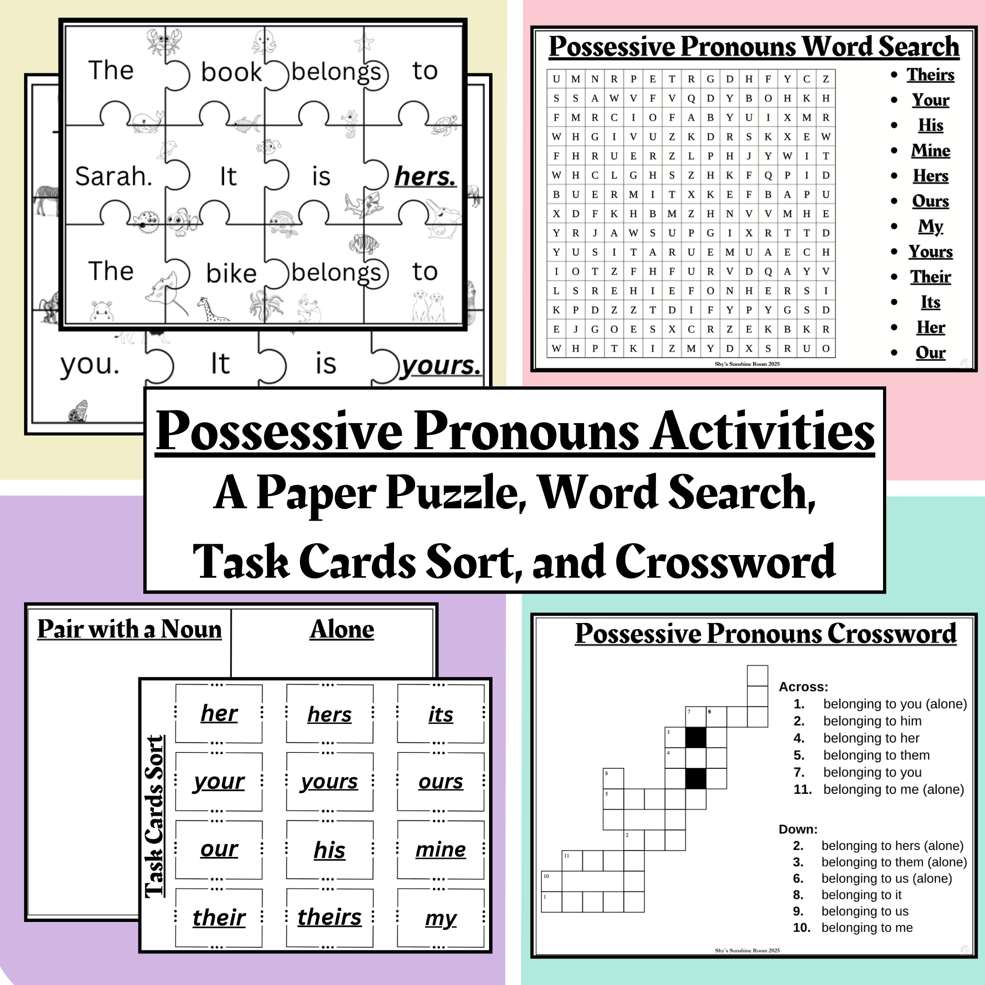 4 Possessive Pronouns Fun Paper Puzzle/Task Cards Sort/Crossword/Word 4 Possessive Pronouns Fun Paper Puzzle/Task Cards Sort/Crossword/Word