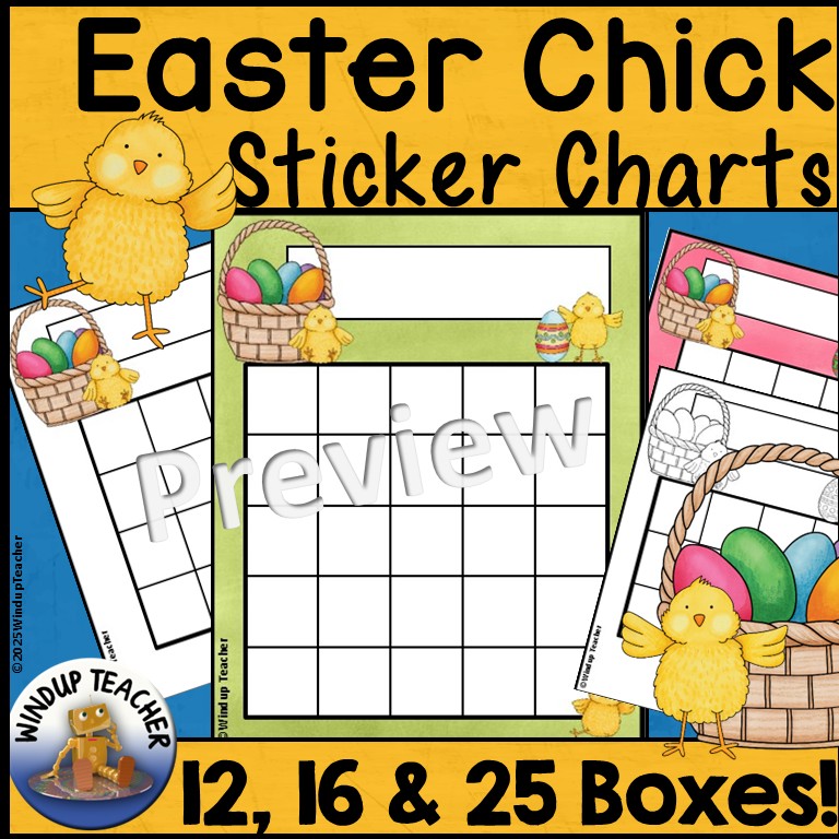 Easter Chick Sticker Reward Charts for Spring - 12 16 25 Boxes, Color, B&W