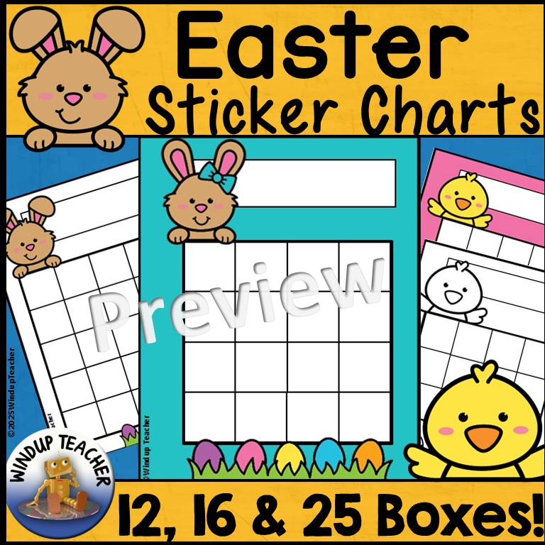 Easter Bunny and Chick Sticker Reward Charts - 12 16 25 Boxes, Color, B&W