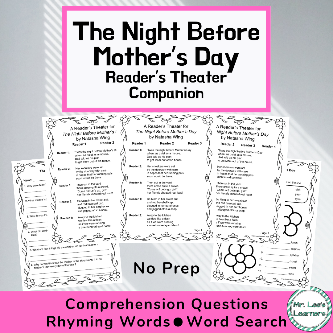 Mother's Day Reader's Theater - The Night Before Mother's Day Companion Packet with Comprehension Question, Rhyming Words, Word Search Mother's Day Cards and Mother's Day Coloring Pages