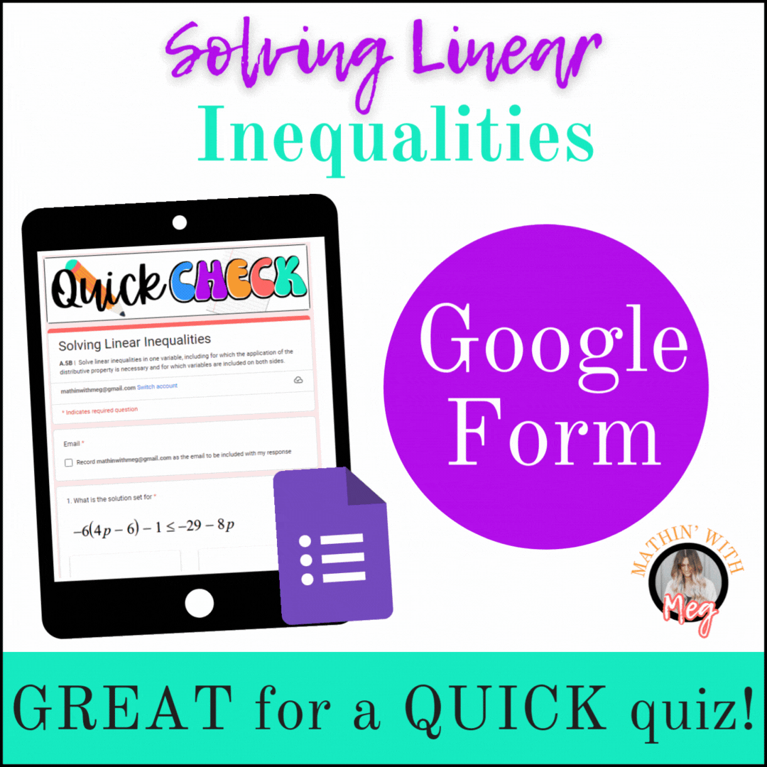 Algebra 1 Digital Quiz: Solving Linear Inequalities | Google Forms | TEKS A.5B