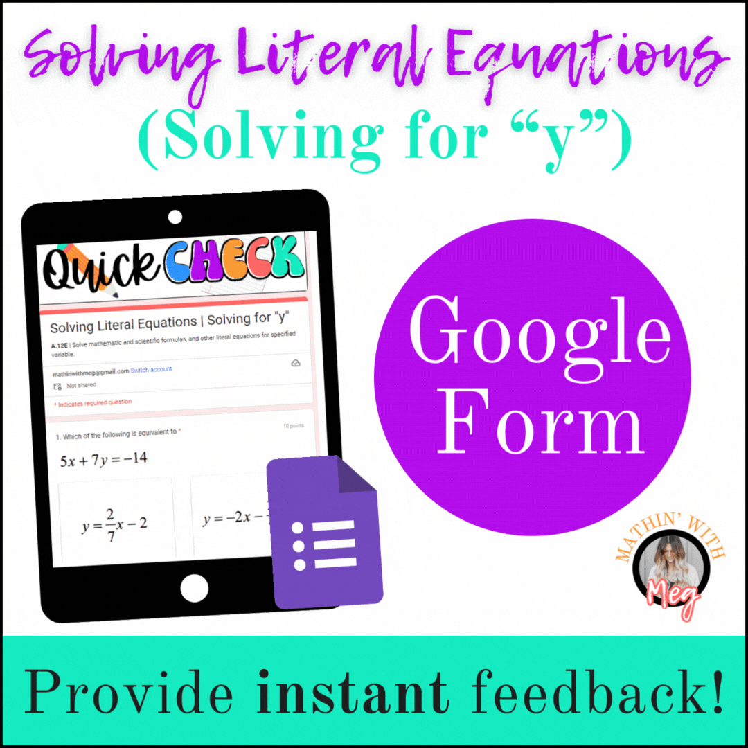 Algebra 1 Digital Quiz: Solving Literal Equations | Google Forms | TEKS A.12E