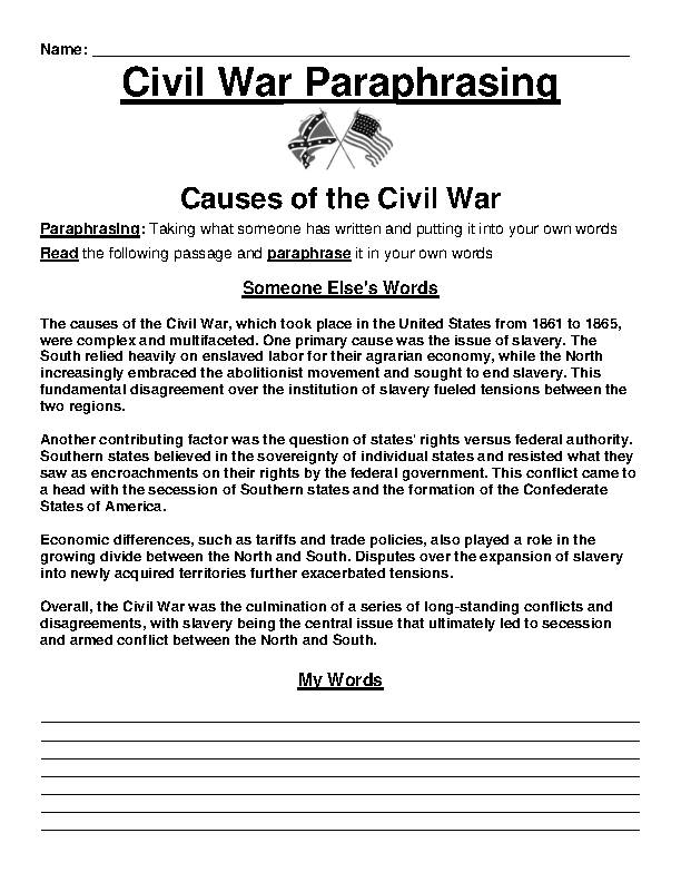 Civil War: Causes of the Civil War Paraphrasing Worksheet's featured image