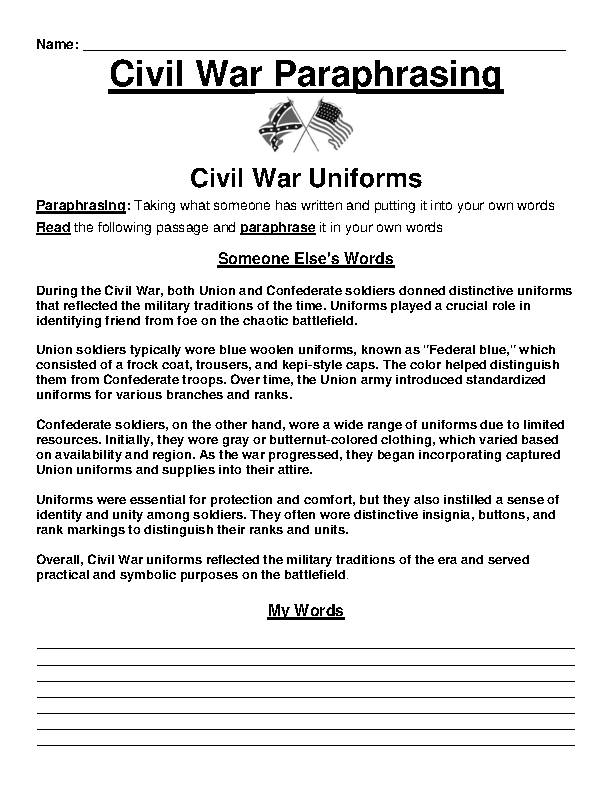 Civil War: Uniforms Paraphrasing Worksheet's featured image