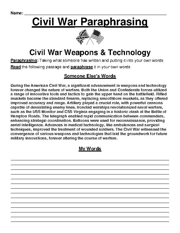 Civil War: Weapons & Technology Paraphrasing Worksheet's featured image