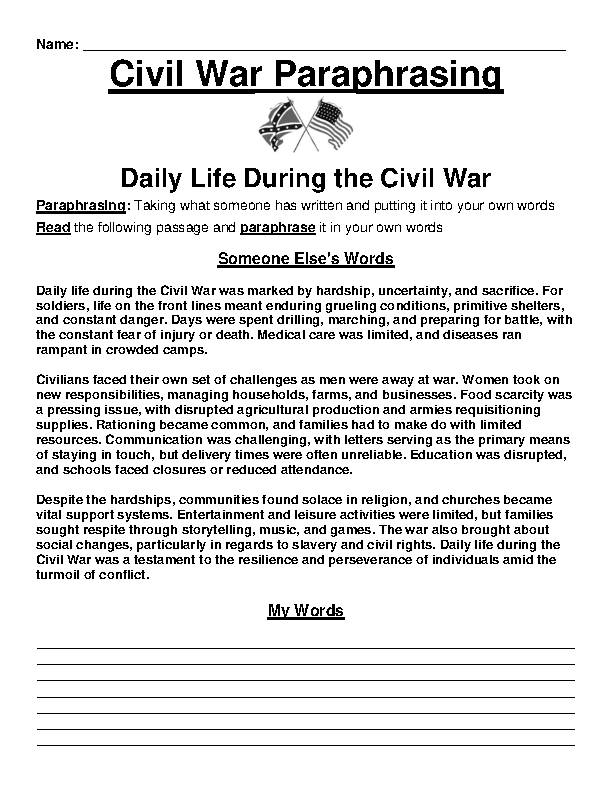Civil War: Daily Life Paraphrasing Worksheet's featured image