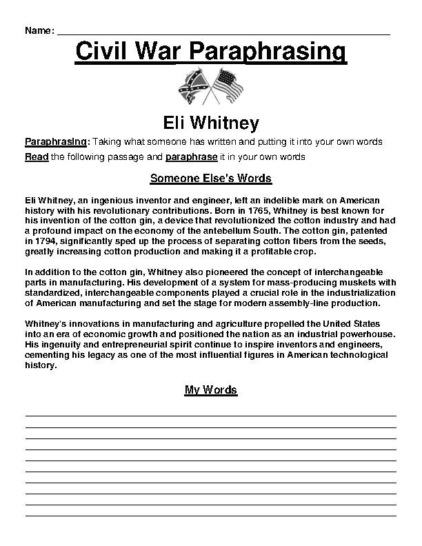 Civil War: Eli Whitney Paraphrasing Worksheet's featured image