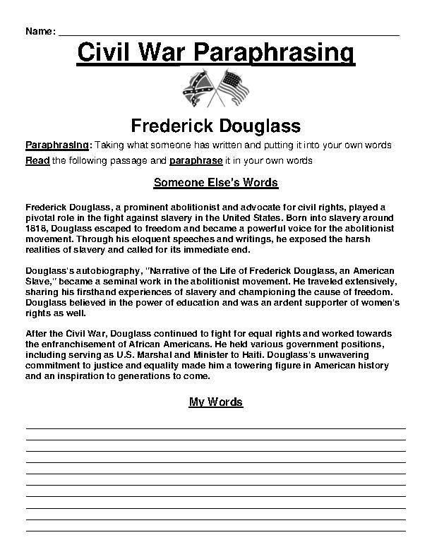 Civil War: Frederick Douglass Paraphrasing Worksheet's featured image