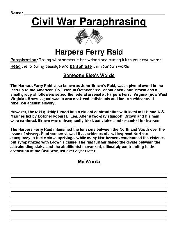 Civil War: Harpers Ferry Raid Paraphrasing Worksheet's featured image