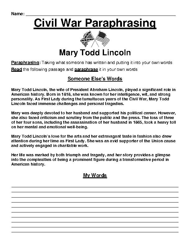 Civil War: Mary Todd Lincoln Paraphrasing Worksheet's featured image