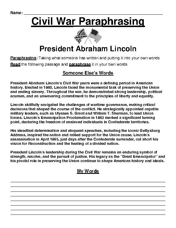 Civil War: Abraham Lincoln Paraphrasing Worksheet's featured image