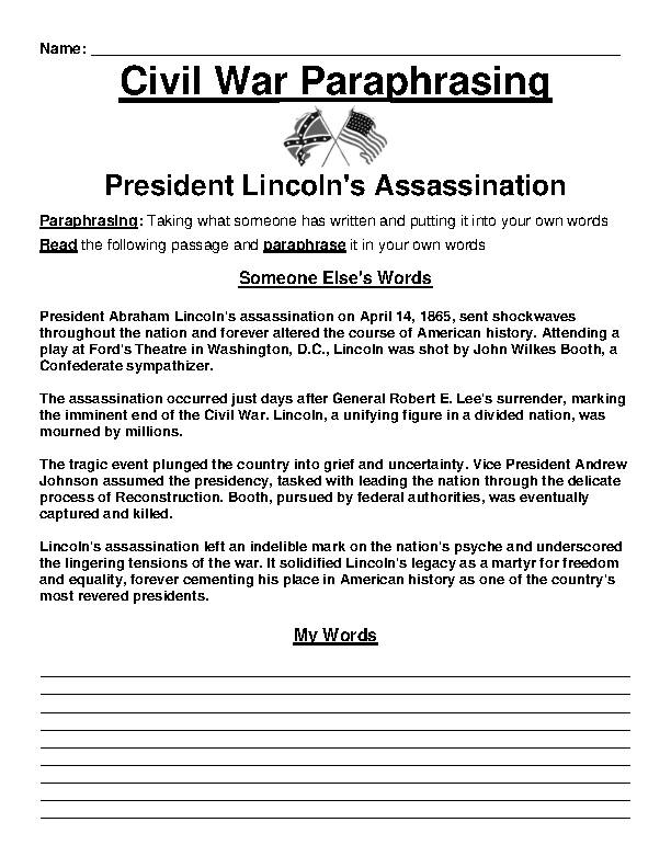 Civil War: Lincoln's Assassination Paraphrasing Worksheet's featured image