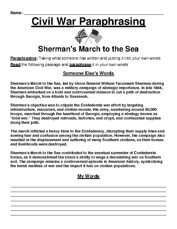 Civil War: Sherman's March to the Sea Paraphrasing Worksheet's featured image