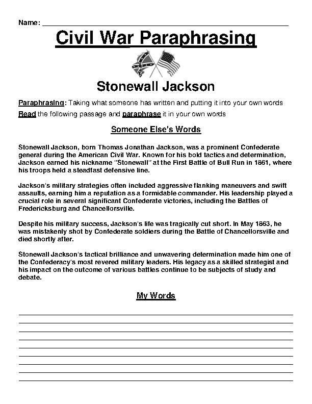 Civil War: Stonewall Jackson Paraphrasing Worksheet's featured image