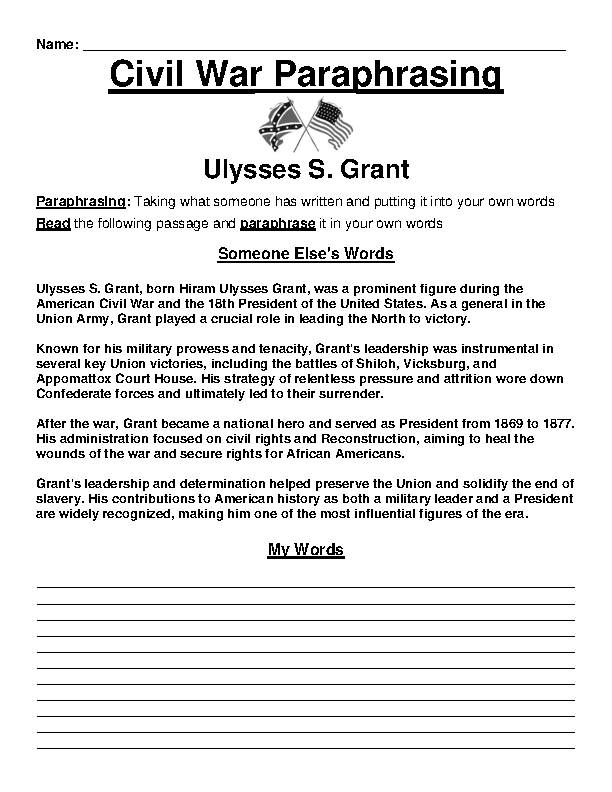 Civil War: Ulysses S. Grant Paraphrasing Worksheet's featured image