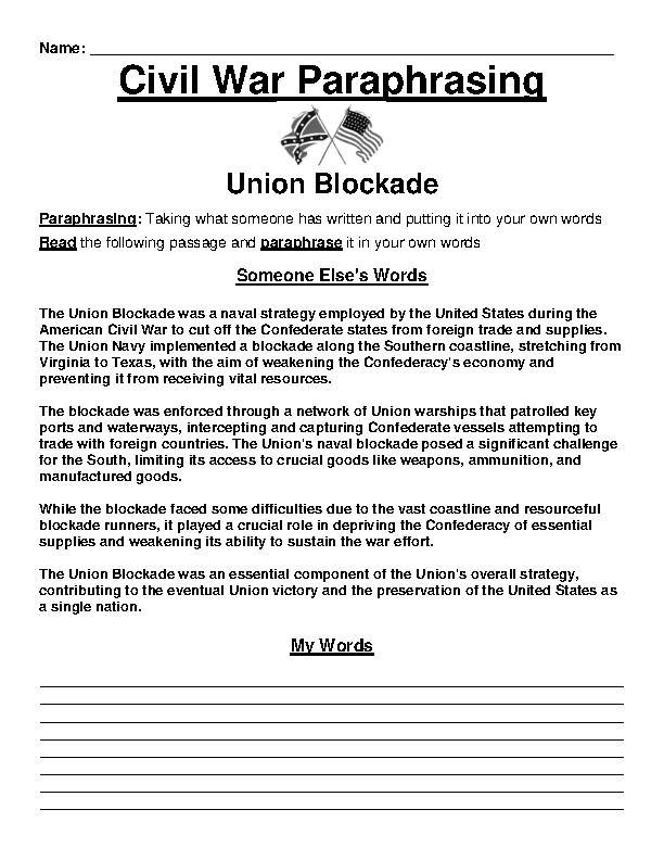 Civil War: Union Blockade Paraphrasing Worksheet's featured image