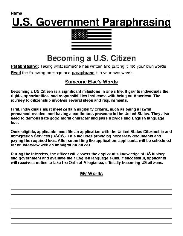 Government: Becoming a US Citizen Paraphrasing Worksheet's featured image
