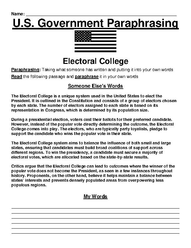 US Government: Electoral College Paraphrasing Worksheet's featured image