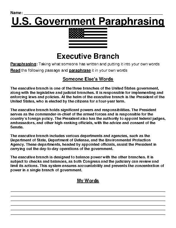 US Government: Executive Branch Paraphrasing Worksheet's featured image