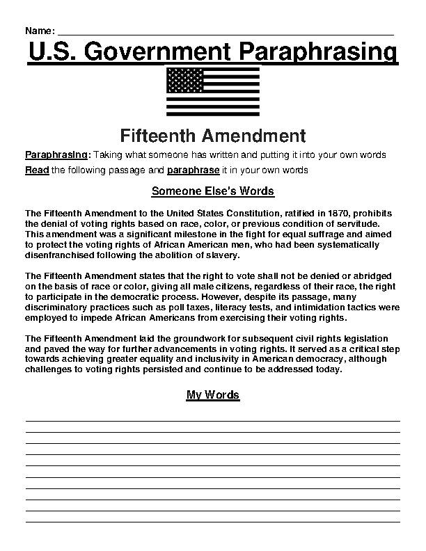 US Government: Fifteenth Amendment Paraphrasing Worksheet's featured image