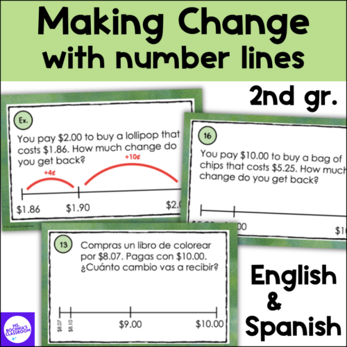 Money Task Cards Making Change $1.00 to $10.00 2nd grade English and Spanish's featured image