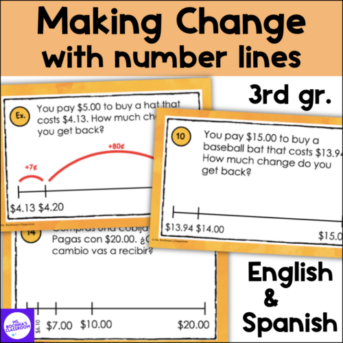 Money Task Cards Making Change $1.00 to $20.00 3rd grade English and Spanish's featured image