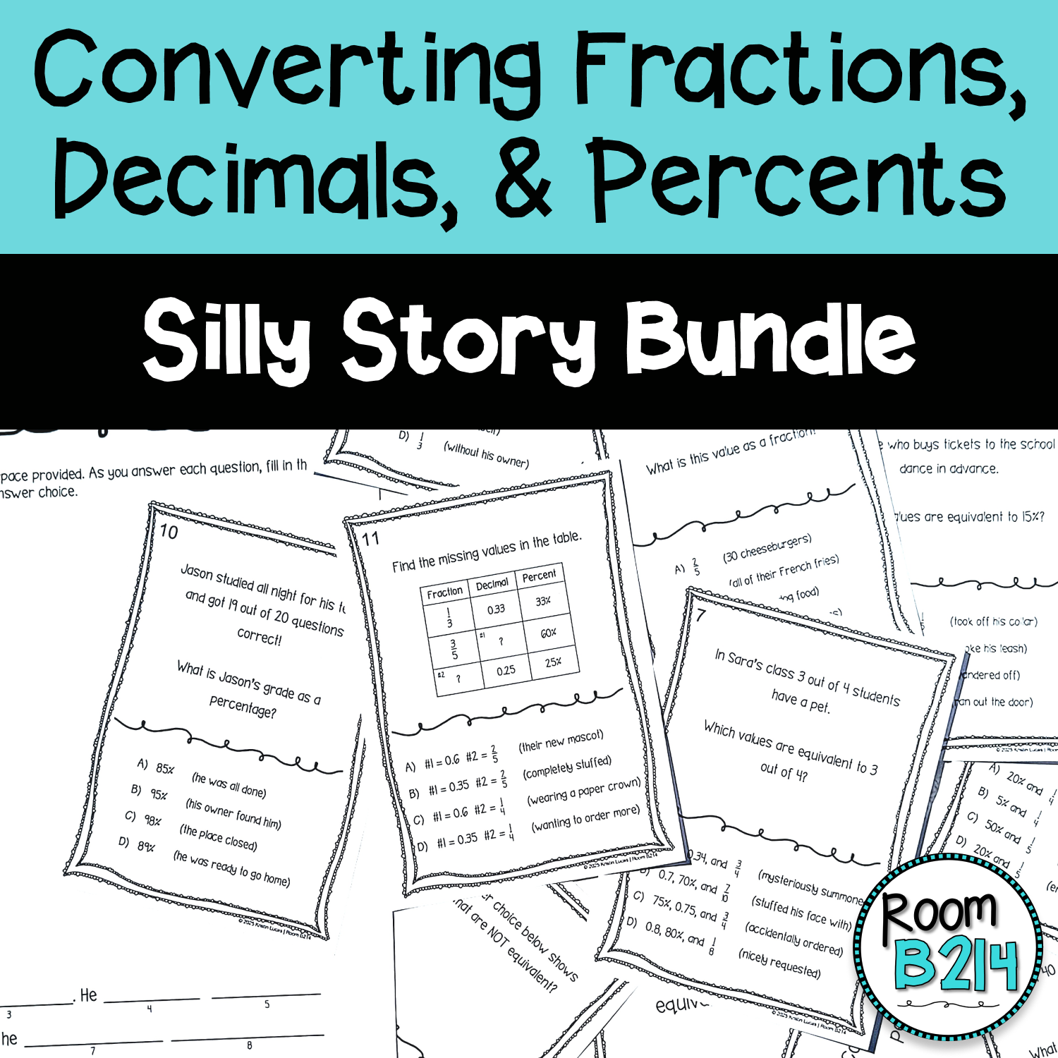 Converting Fractions Decimals and Percents Silly Story Bundle | TEKS 6.4G