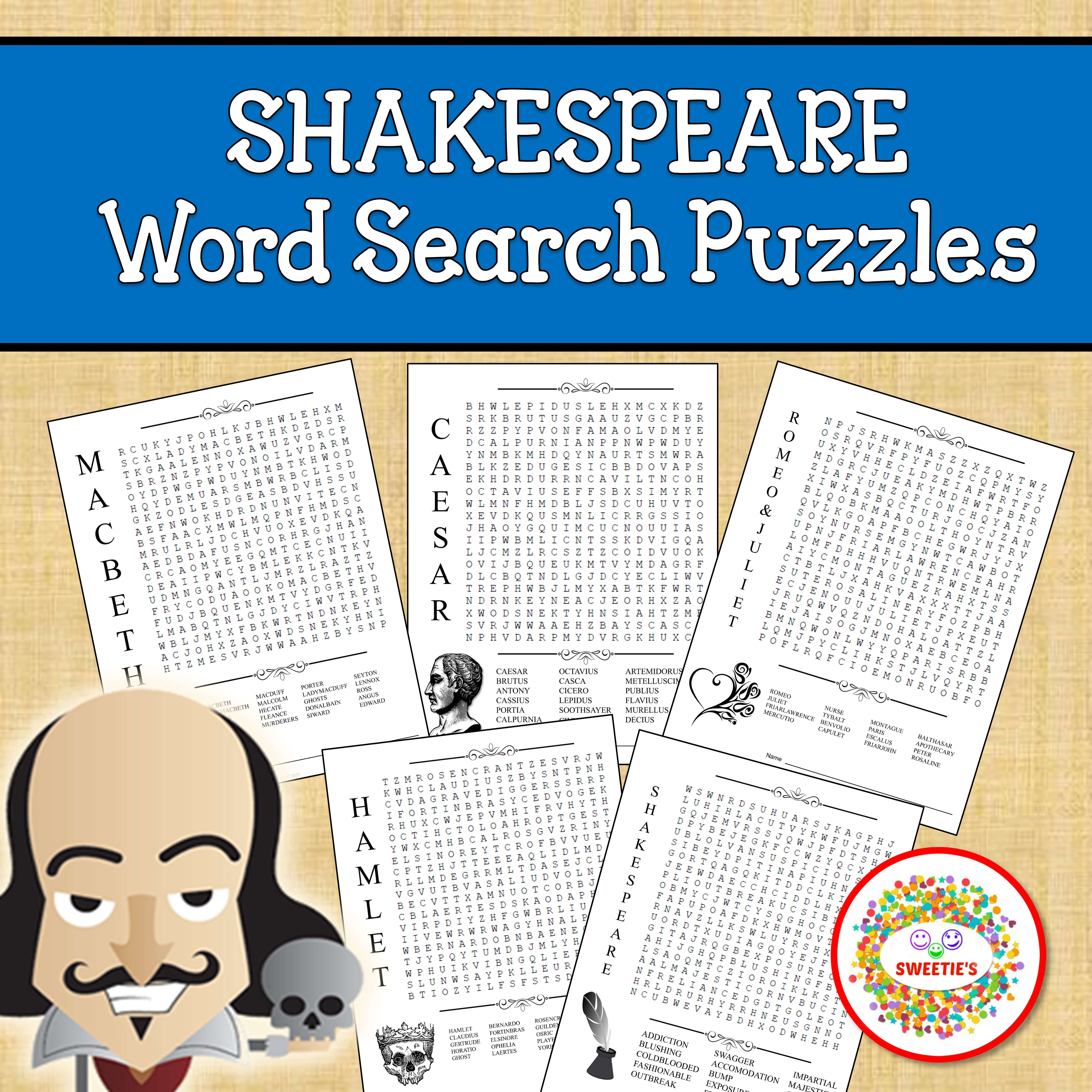 Shakespeare Word Search Puzzles | Hamlet Julius Caesar Macbeth Romeo and Juliet