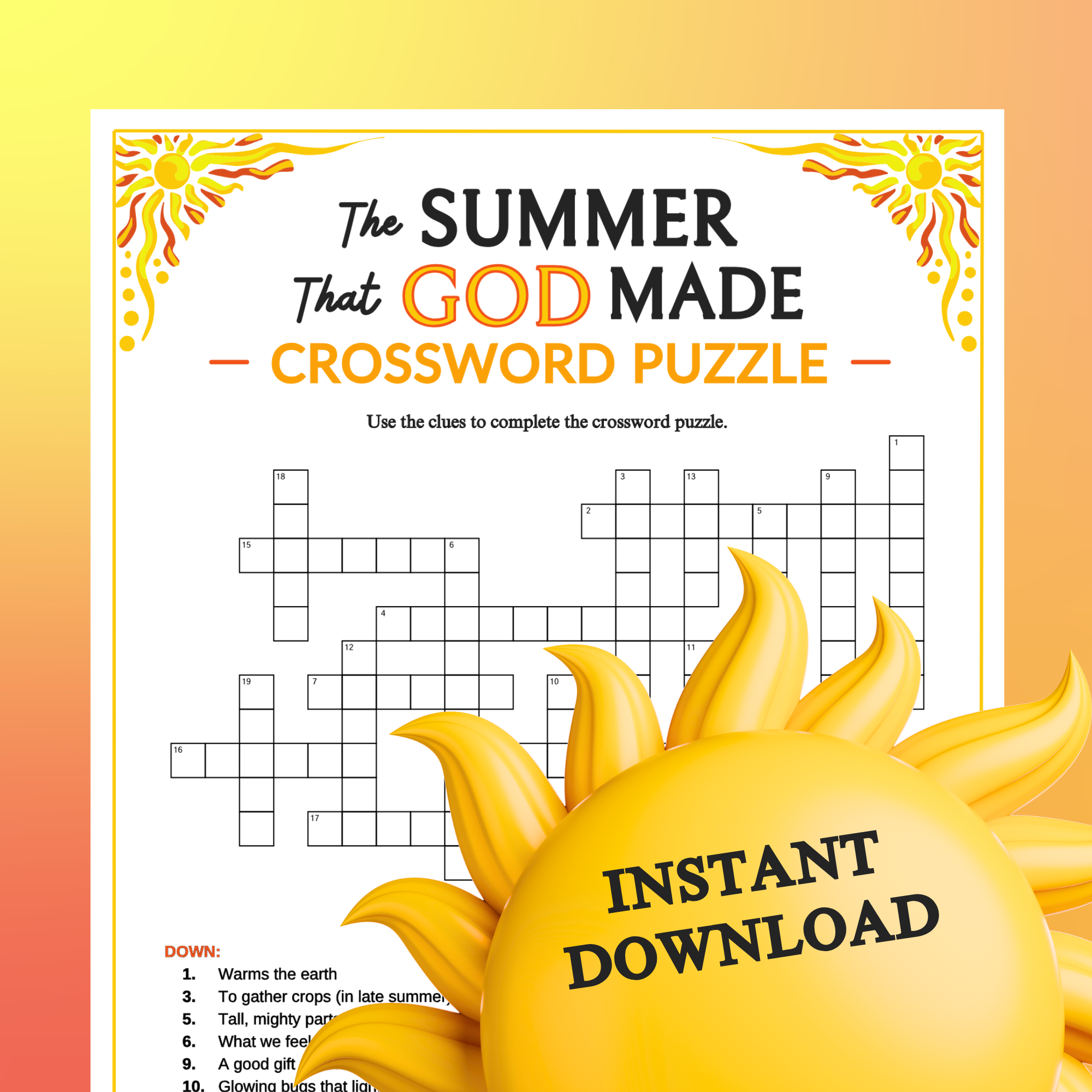 The Summer That God Made Crossword Puzzle | Printable for Church Kids Teens Adults, Sunday School Ministry Bible Group Learning Activity(Copy)