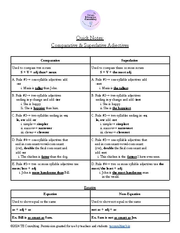 Grammar Quick Notes: Comparative & Superlative Adjectives