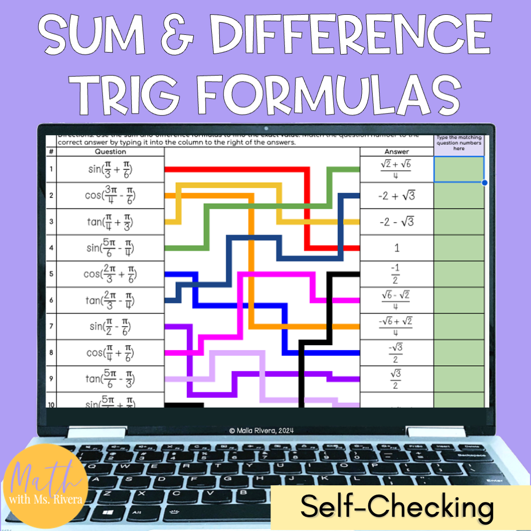 Sum and Difference Angle Identities Digital Matching Self Checking Activity Trigonometry