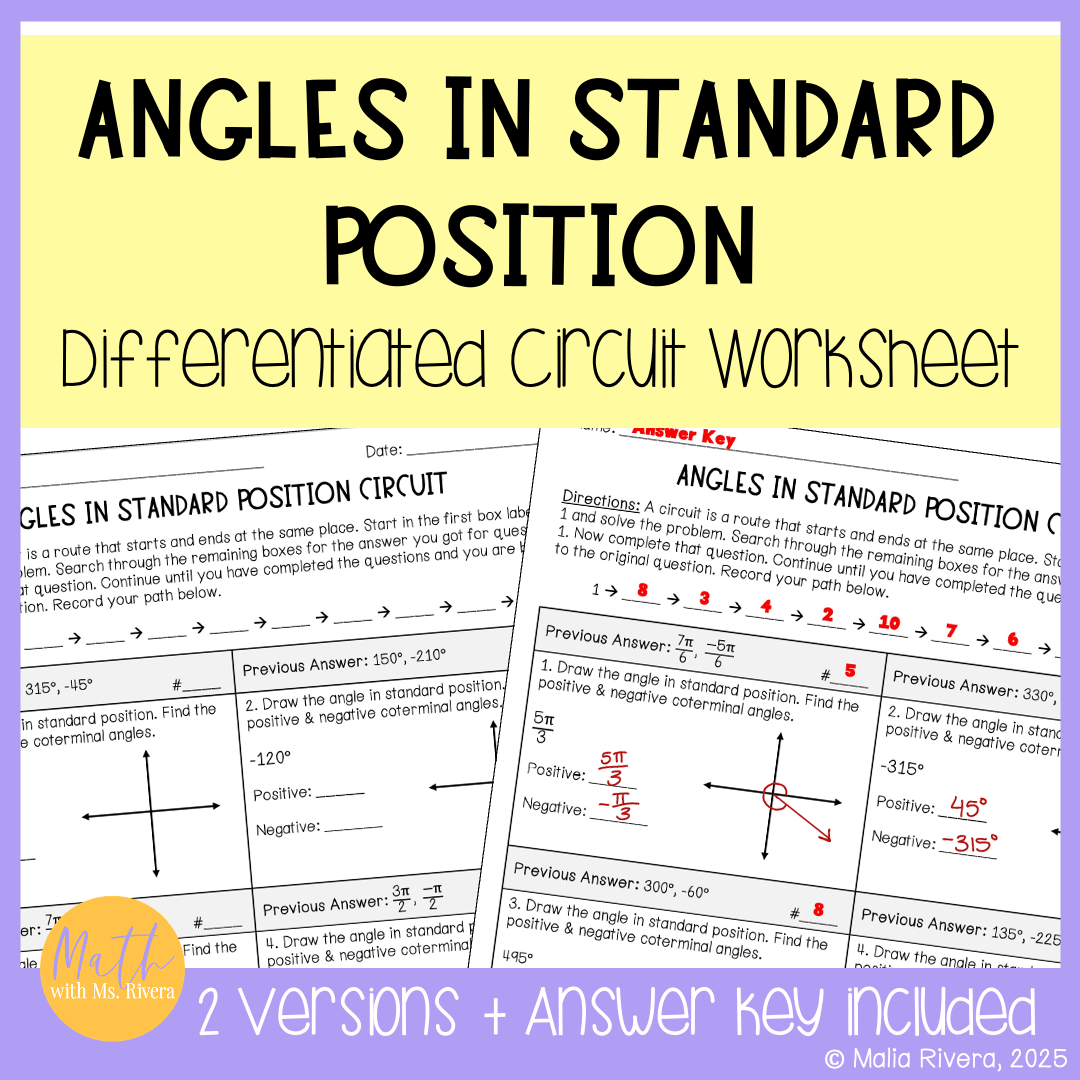 Angles in Standard Position Differentiated Circuit Worksheet Trigonometry