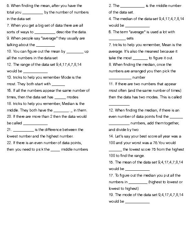 Mean, Median, Mode and Range Crossword - Classful