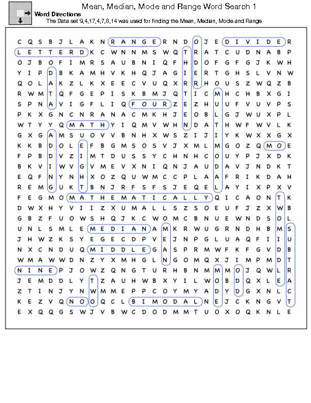 Mean, Median, Mode and Range Word Search - Classful